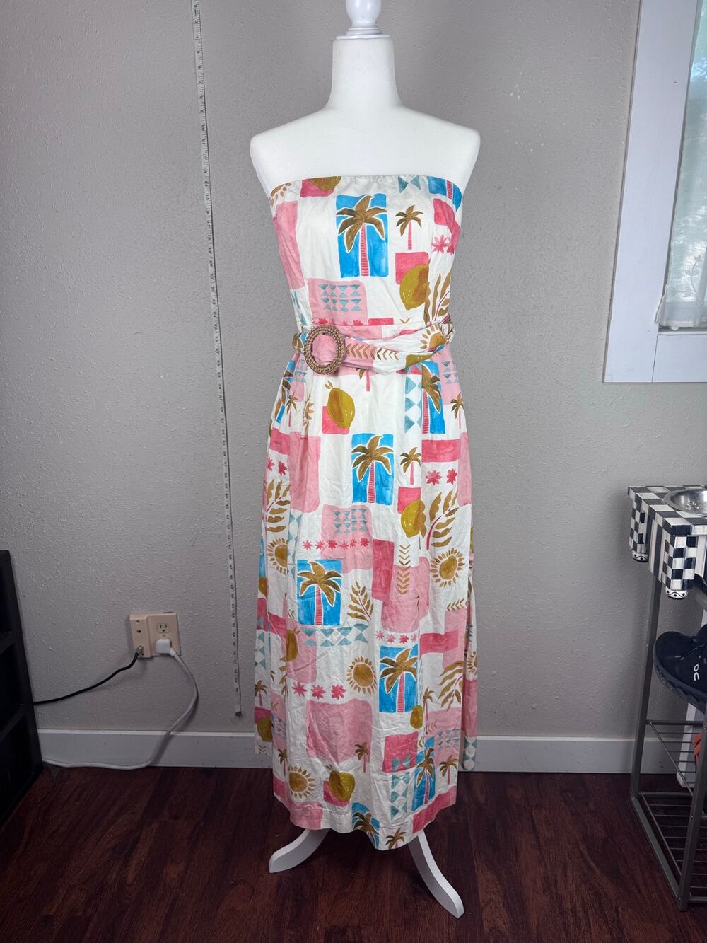 Strapless Tropical Print Maxi Dress in Pink & Blue